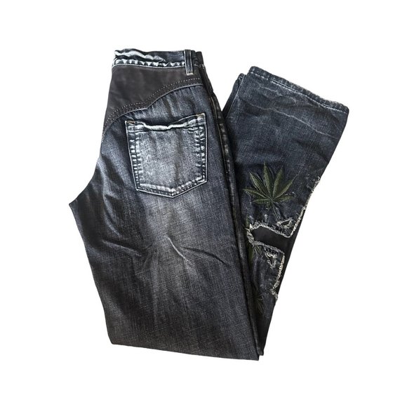 Manuel Cuevas Denim Leather Jeans Embroidery Mens 30x33 Black Gray 420 NWT‎